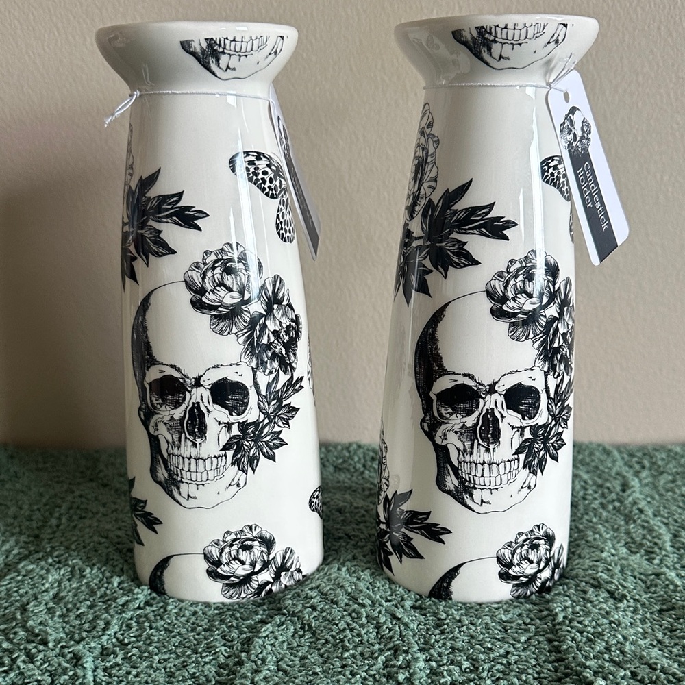 One Design Home Halloween Skull 💀 Candle Holders Ivory & Black Floral NEW!
